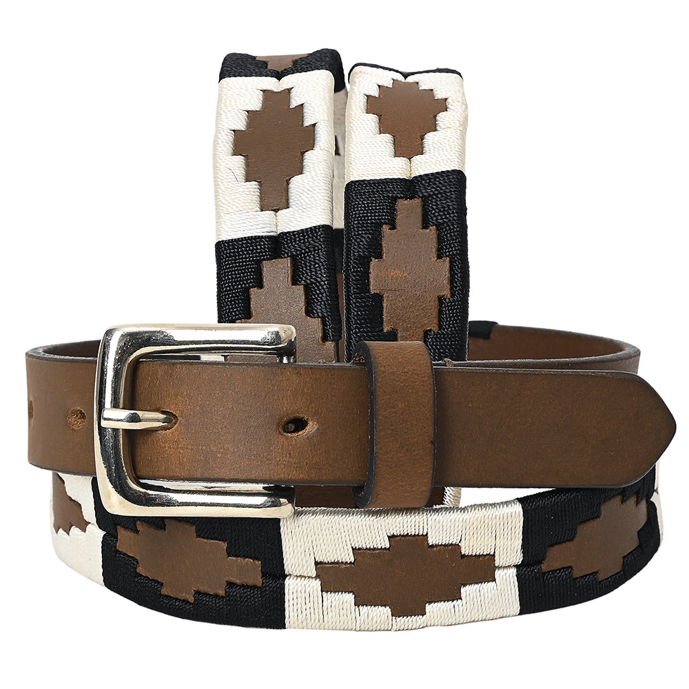 BAR H EQUINE Western Genuine Leather Men And Women Brown Belt Embroidered Black &amp; White