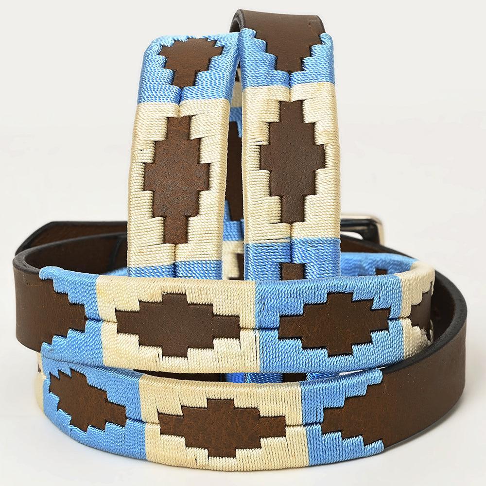 BAR H EQUINE Western Genuine Leather Men And Women Brown Belt Embroidered Beige &amp; Light Blue