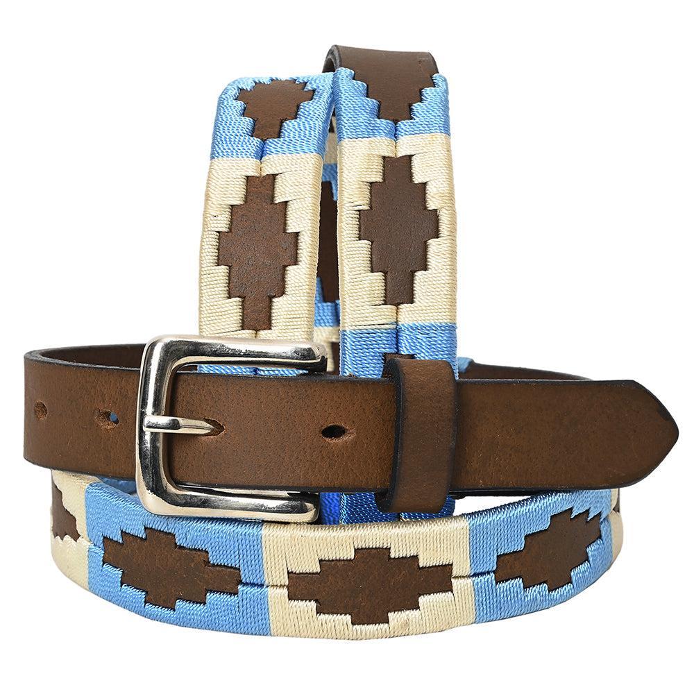 BAR H EQUINE Western Genuine Leather Men And Women Brown Belt Embroidered Beige &amp; Light Blue