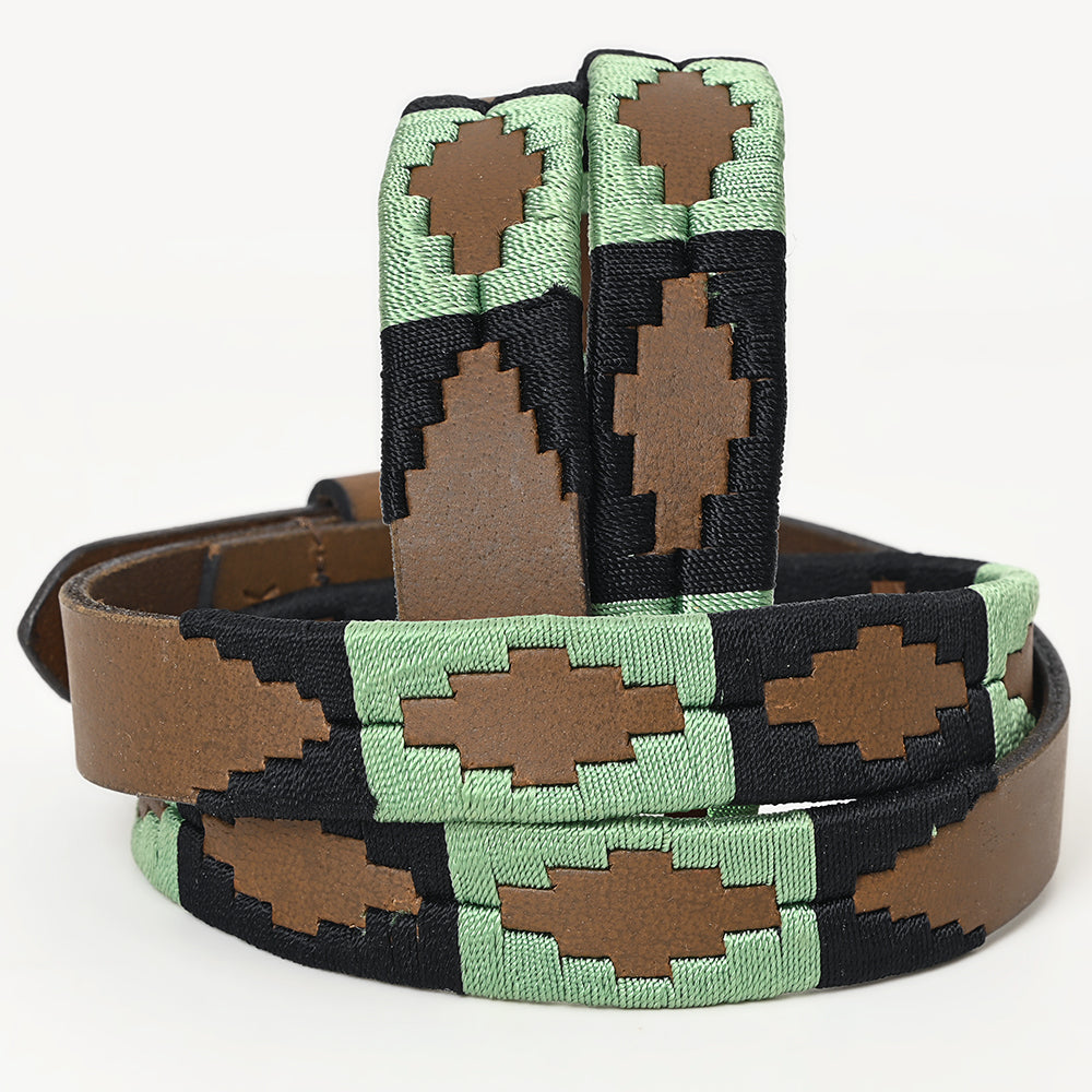 BAR H EQUINE Western Genuine Leather Men And Women Brown Belt Embroidered Black &amp; Light Green