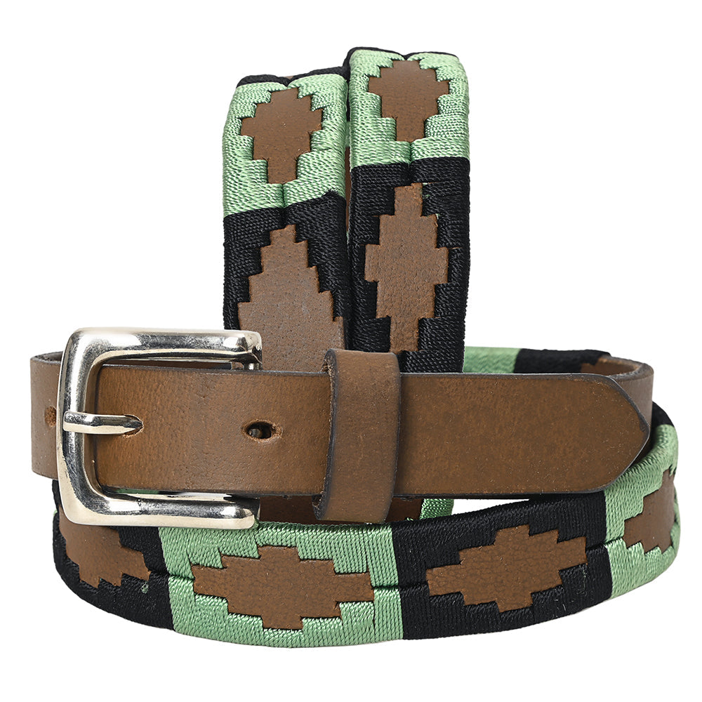 BAR H EQUINE Western Genuine Leather Men And Women Brown Belt Embroidered Black &amp; Light Green