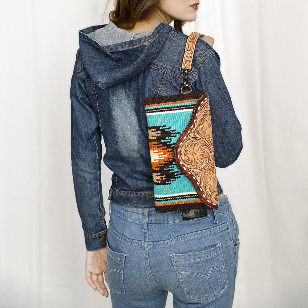 American Darling Wristlet Hand Tooled Upcycled Wool Genuine Leather Women Bag Western Handbag Purse