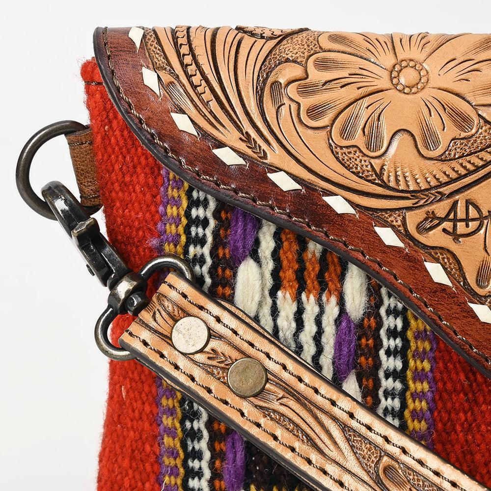American Darling Wristlet Hand Tooled Upcycled Wool Genuine Leather Women Bag Western Handbag Purse
