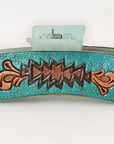 American Darling Floral Long Hair Claw Hand Tooled Carved Genuine Leather Turquoise Clips Clutcher Gift For Women Girls