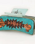 American Darling Floral Long Hair Claw Hand Tooled Carved Genuine Leather Turquoise Clips Clutcher Gift For Women Girls