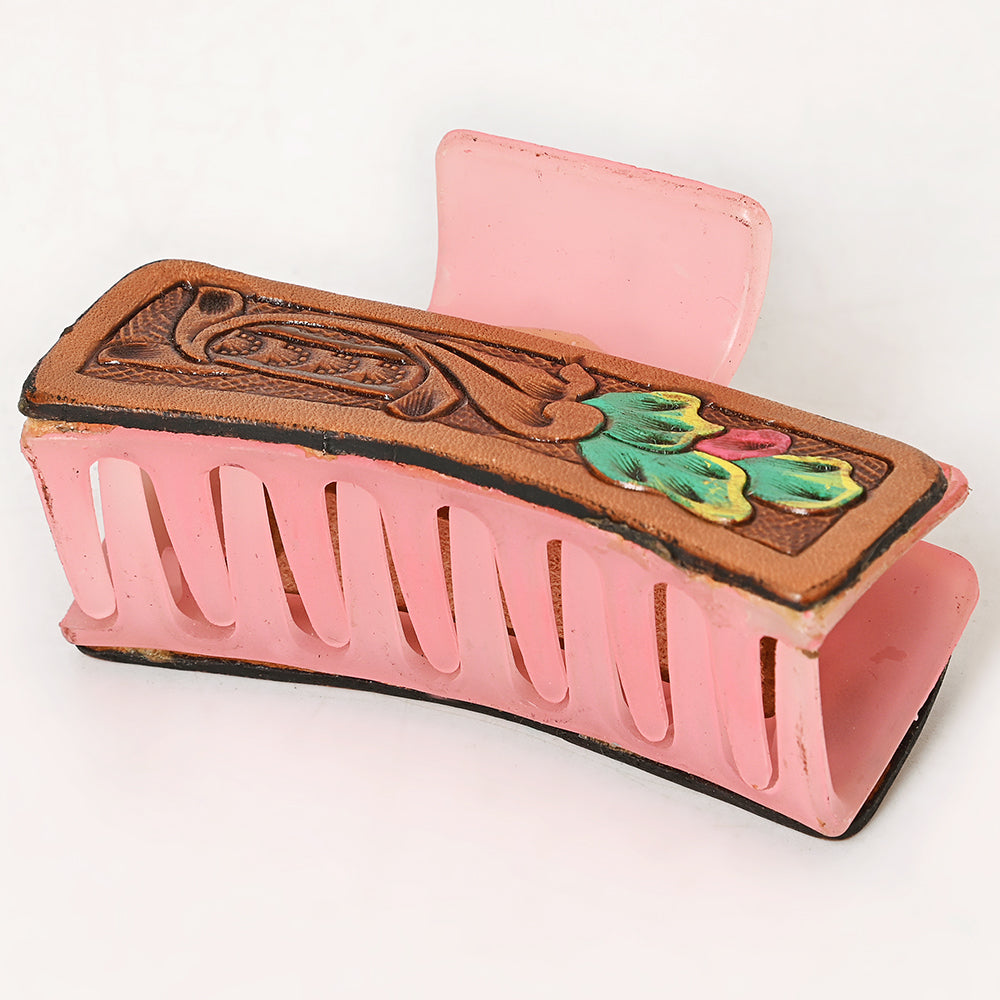 American Darling Floral Long Hair Claw Hand Tooled Carved Genuine Leather Brown Clips Clutcher Gift For Women Girls