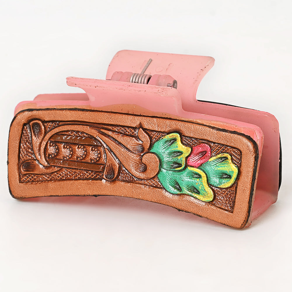 American Darling Floral Long Hair Claw Hand Tooled Carved Genuine Leather Brown Clips Clutcher Gift For Women Girls