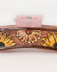 American Darling Floral Long Hair Claw Hand Tooled Carved Genuine Leather Brown Clips Clutcher Gift For Women Girls