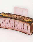 American Darling Floral Long Hair Claw Hand Tooled Carved Genuine Leather Brown Clips Clutcher Gift For Women Girls
