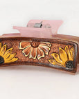 American Darling Floral Long Hair Claw Hand Tooled Carved Genuine Leather Brown Clips Clutcher Gift For Women Girls