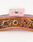 American Darling Floral Long Hair Claw Hand Tooled Carved Genuine Leather Brown Clips Clutcher Gift For Women Girls