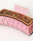 American Darling Floral Long Hair Claw Hand Tooled Carved Genuine Leather Brown Clips Clutcher Gift For Women Girls