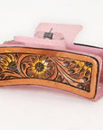 American Darling Floral Long Hair Claw Hand Tooled Carved Genuine Leather Brown Clips Clutcher Gift For Women Girls