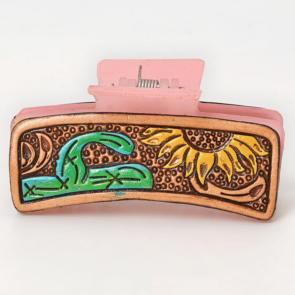 American Darling Floral Long Hair Claw Hand Tooled Carved Genuine Leather Brown Clips Clutcher Gift For Women Girls