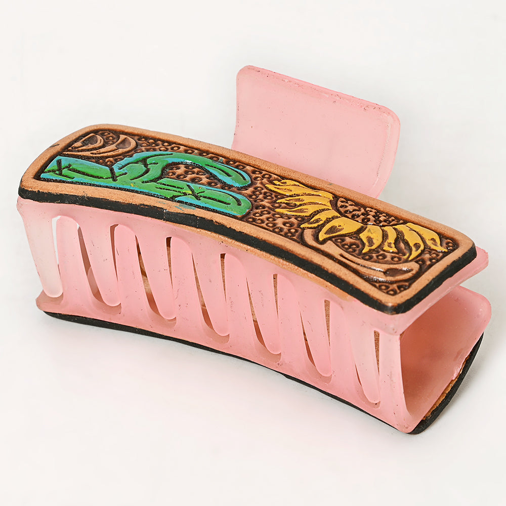 American Darling Floral Long Hair Claw Hand Tooled Carved Genuine Leather Brown Clips Clutcher Gift For Women Girls