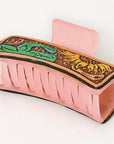 American Darling Floral Long Hair Claw Hand Tooled Carved Genuine Leather Brown Clips Clutcher Gift For Women Girls