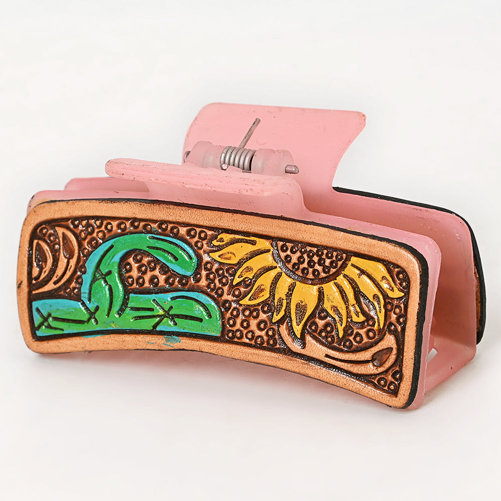 American Darling Floral Long Hair Claw Hand Tooled Carved Genuine Leather Brown Clips Clutcher Gift For Women Girls