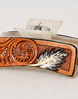 American Darling Floral Long Hair Claw Hand Tooled Carved Genuine Leather Brown Clips Clutcher Gift For Women Girls