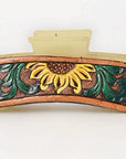 American Darling Floral Long Hair Claw Hand Tooled Carved Genuine Leather Brown Clips Clutcher Gift For Women Girls