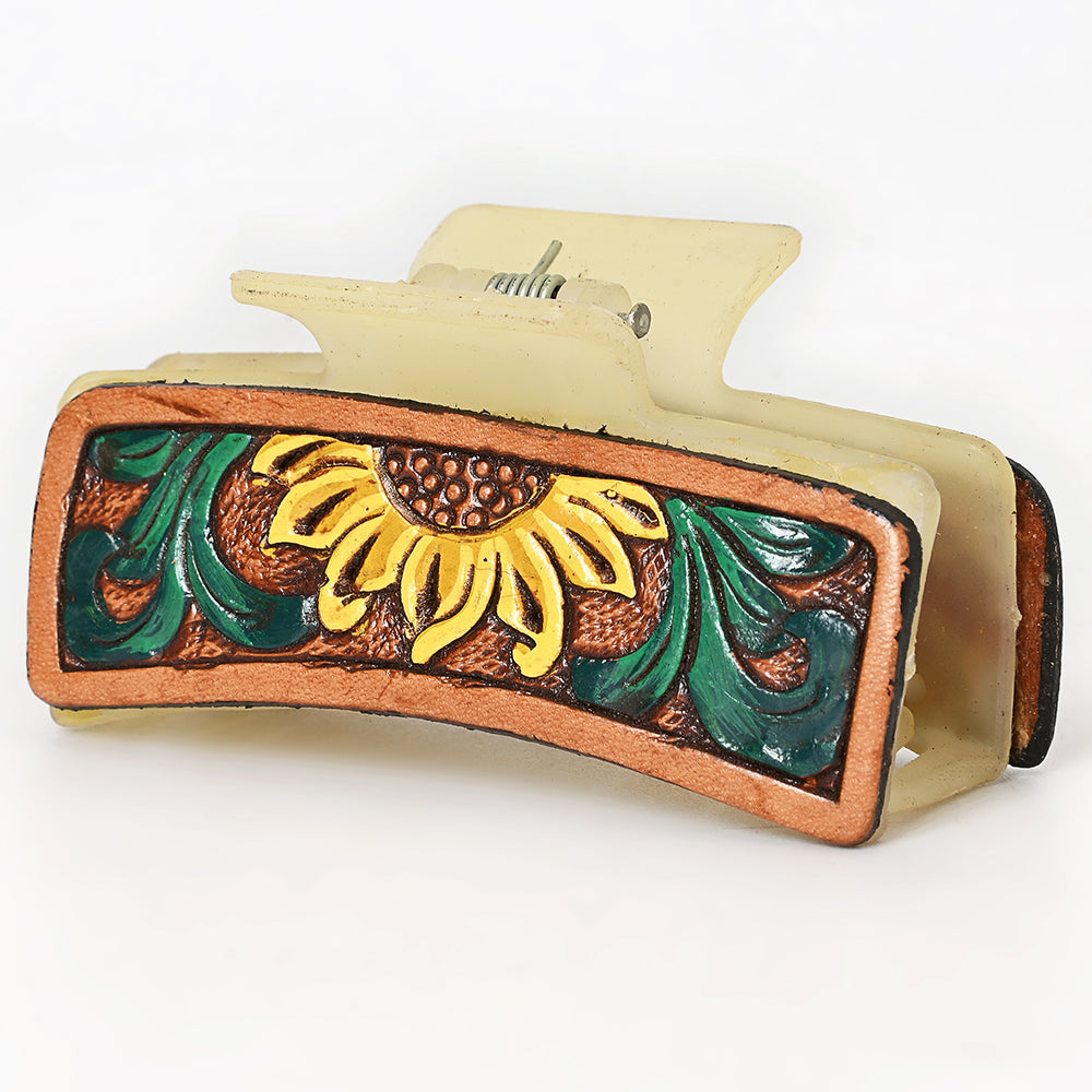 American Darling Floral Long Hair Claw Hand Tooled Carved Genuine Leather Brown Clips Clutcher Gift For Women Girls