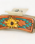 American Darling Floral Long Hair Claw Hand Tooled Carved Genuine Leather Brown Clips Clutcher Gift For Women Girls