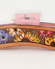 American Darling Floral Long Hair Claw Hand Tooled Carved Genuine Leather Brown Clips Clutcher Gift For Women Girls