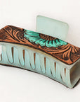 American Darling Floral Long Hair Claw Hand Tooled Carved Genuine Leather Brown Clips Clutcher Gift For Women Girls