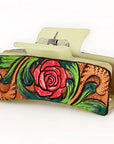 American Darling Floral Long Hair Claw Hand Tooled Carved Genuine Leather Brown Clips Clutcher Gift For Women Girls