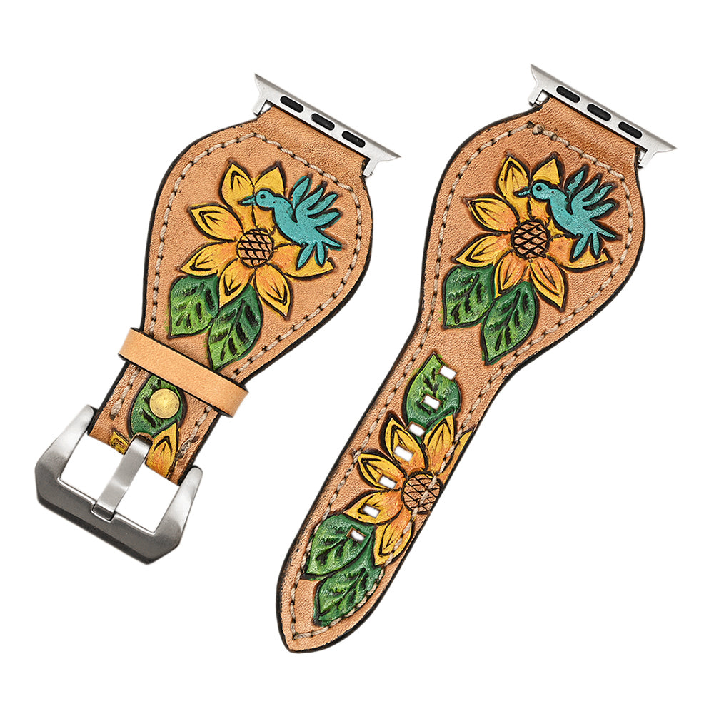American Darling Beautifully Hand Tooled Painted Genuine Leather I watch Strap Men and Women Unisex