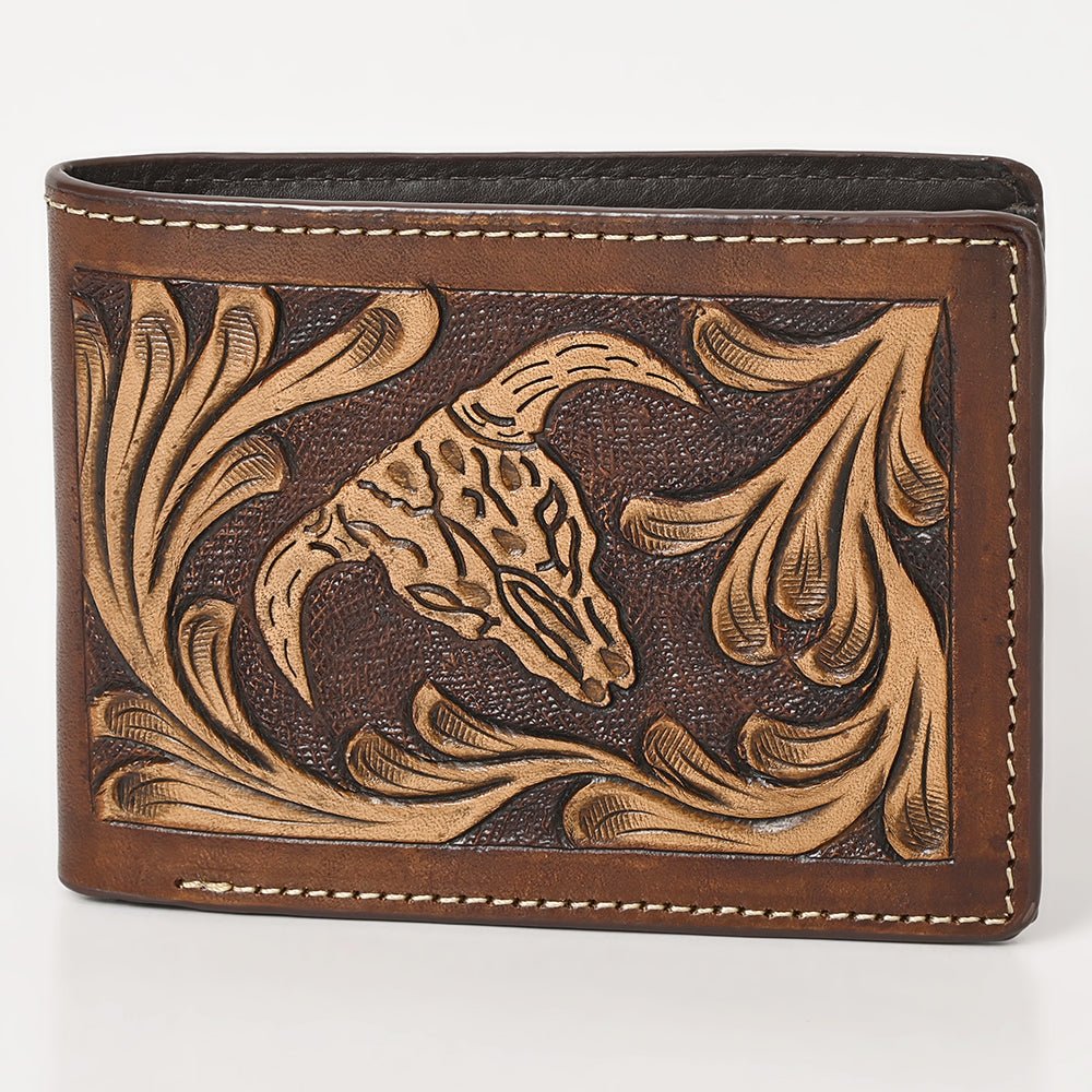 BAR H EQUINE Rodeo Steer Head Bifold &amp; Trifold Wallet For Men Women Genuine Leather Brown