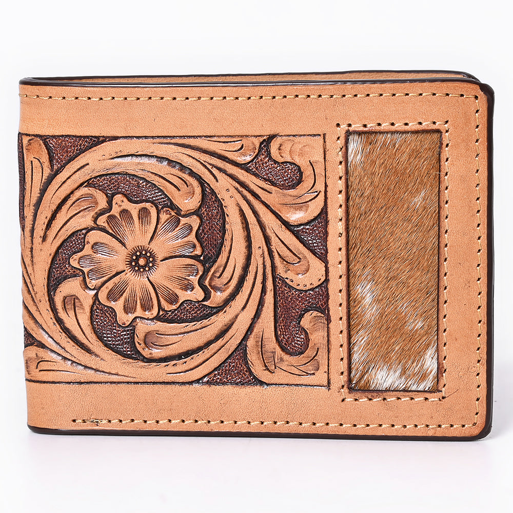 Bar H Equine Floral Genuine Leather Rodeo Bifold Wallet For Men Women Tan Flower Hand Carved &amp; Tooled Wallet