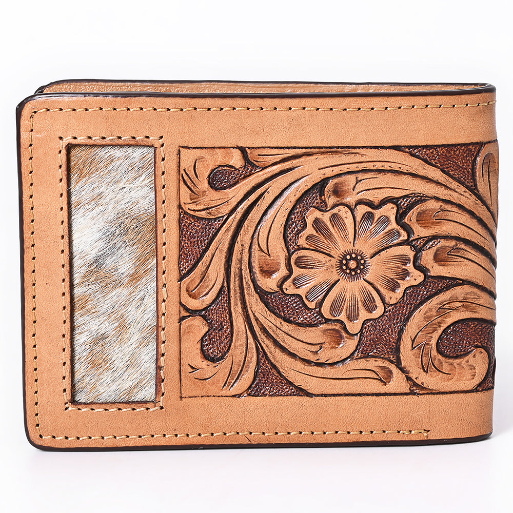 Bar H Equine Floral Genuine Leather Rodeo Bifold Wallet For Men Women Tan Flower Hand Carved &amp; Tooled Wallet