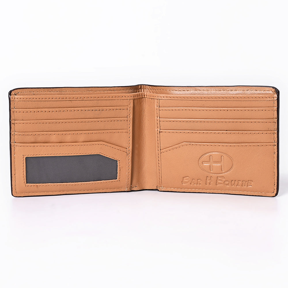 Bar H Equine Floral Genuine Leather Rodeo Bifold Wallet For Men Women Tan Flower Hand Carved &amp; Tooled Wallet