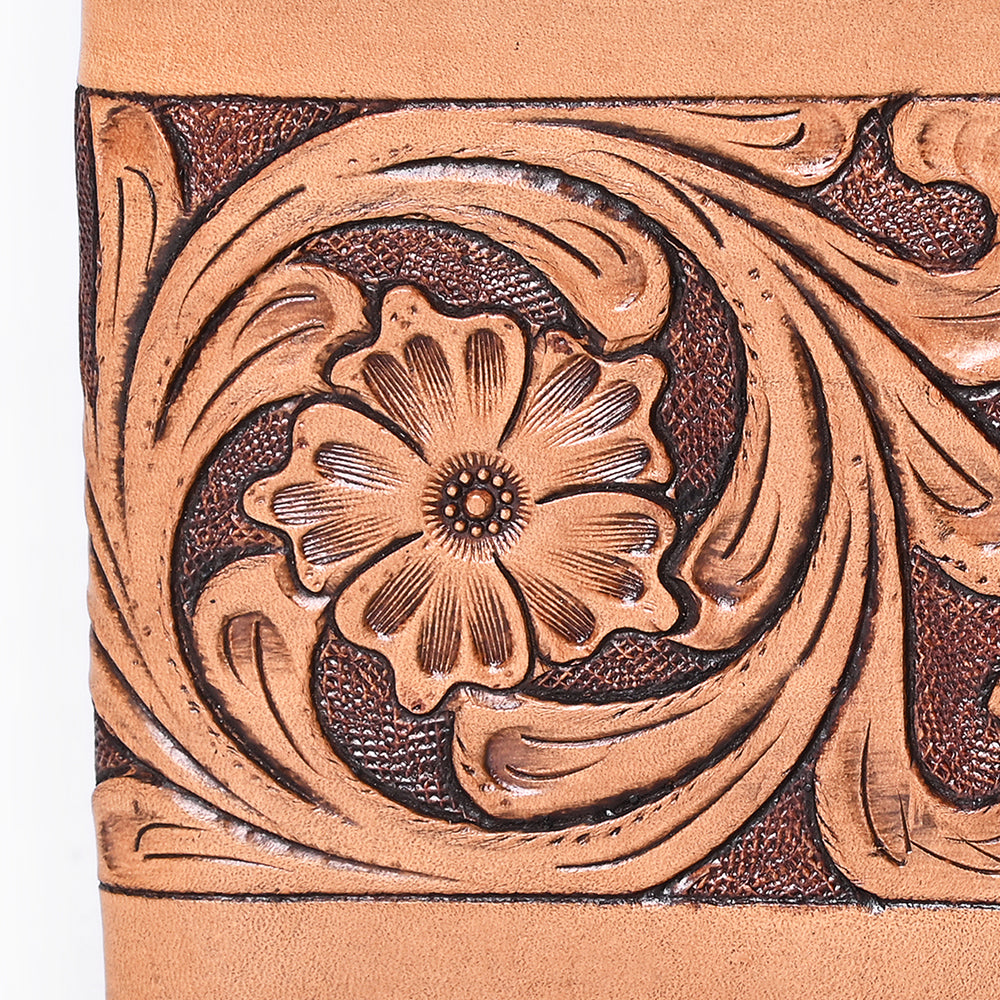 Bar H Equine Floral Genuine Leather Rodeo Bifold Wallet For Men Women Tan Flower Hand Carved &amp; Tooled Wallet