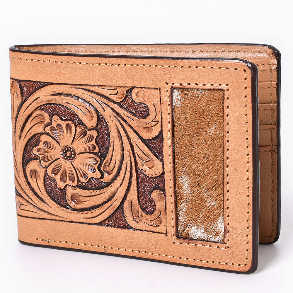 Bar H Equine Floral Genuine Leather Rodeo Bifold Wallet For Men Women Tan Flower Hand Carved &amp; Tooled Wallet