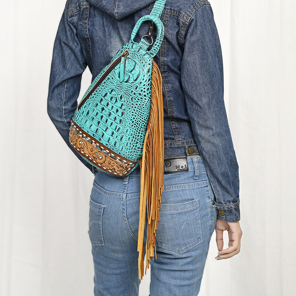 American Darling Sling Hand Tooled Crocodile Embossed Genuine Leather Women Bag Western Handbag Purse