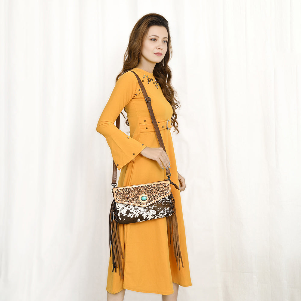 American Darling Adbg1484 Envelope Hand Tooled Hair-On Genuine Leather Women Bag Western Handbag Purse