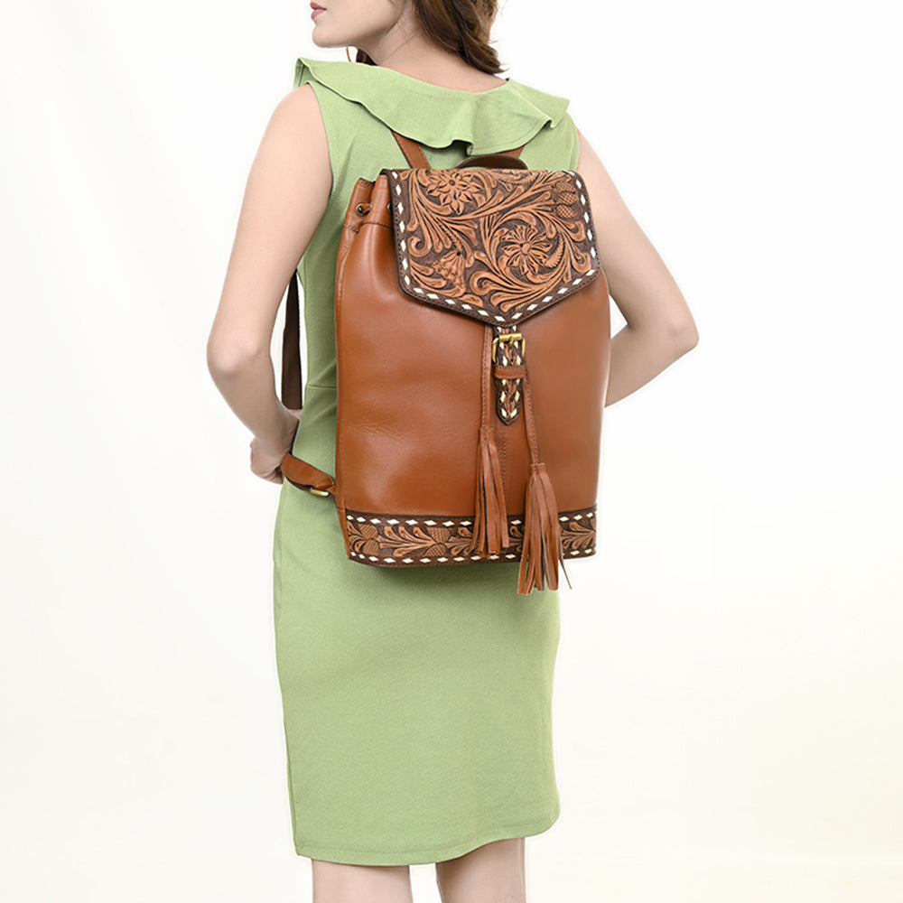 Leather Backpack For Women With Hand-Carved Floral Design