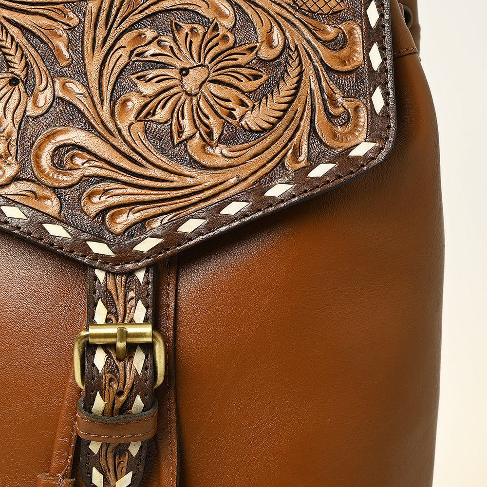 Leather Backpack For Women With Hand-Carved Floral Design