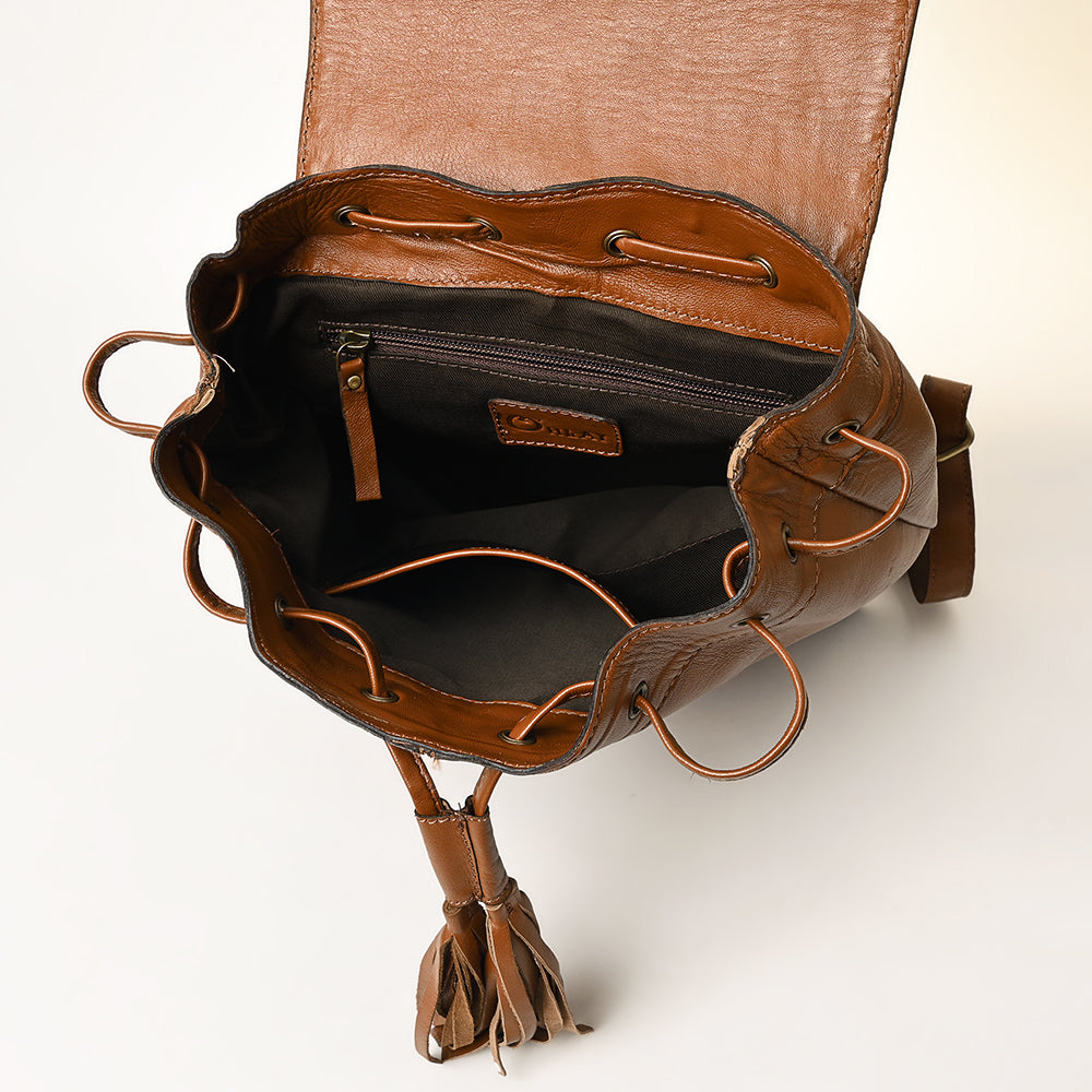 Leather Backpack For Women With Hand-Carved Floral Design