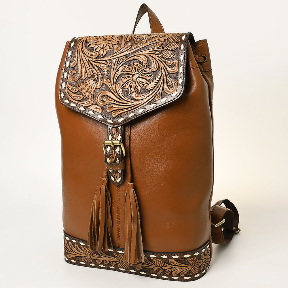 Leather Backpack For Women With Hand-Carved Floral Design