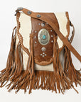 American Darling Messenger Bag Western Hair-On Cowhide Genuine Leather Handcrafted Purse with Fringes and Turquoise Stone