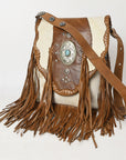 American Darling Messenger Bag Western Hair-On Cowhide Genuine Leather Handcrafted Purse with Fringes and Turquoise Stone