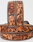 American Darling Hand Tooled Carved Unisex Genuine American Leather Belt Black Inlay Brown