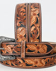 American Darling Hand Tooled Carved Unisex Genuine American Leather Belt Black Inlay Brown