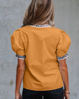 Leopard Contrast Trim Split Neck Puff Sleeve Blouse