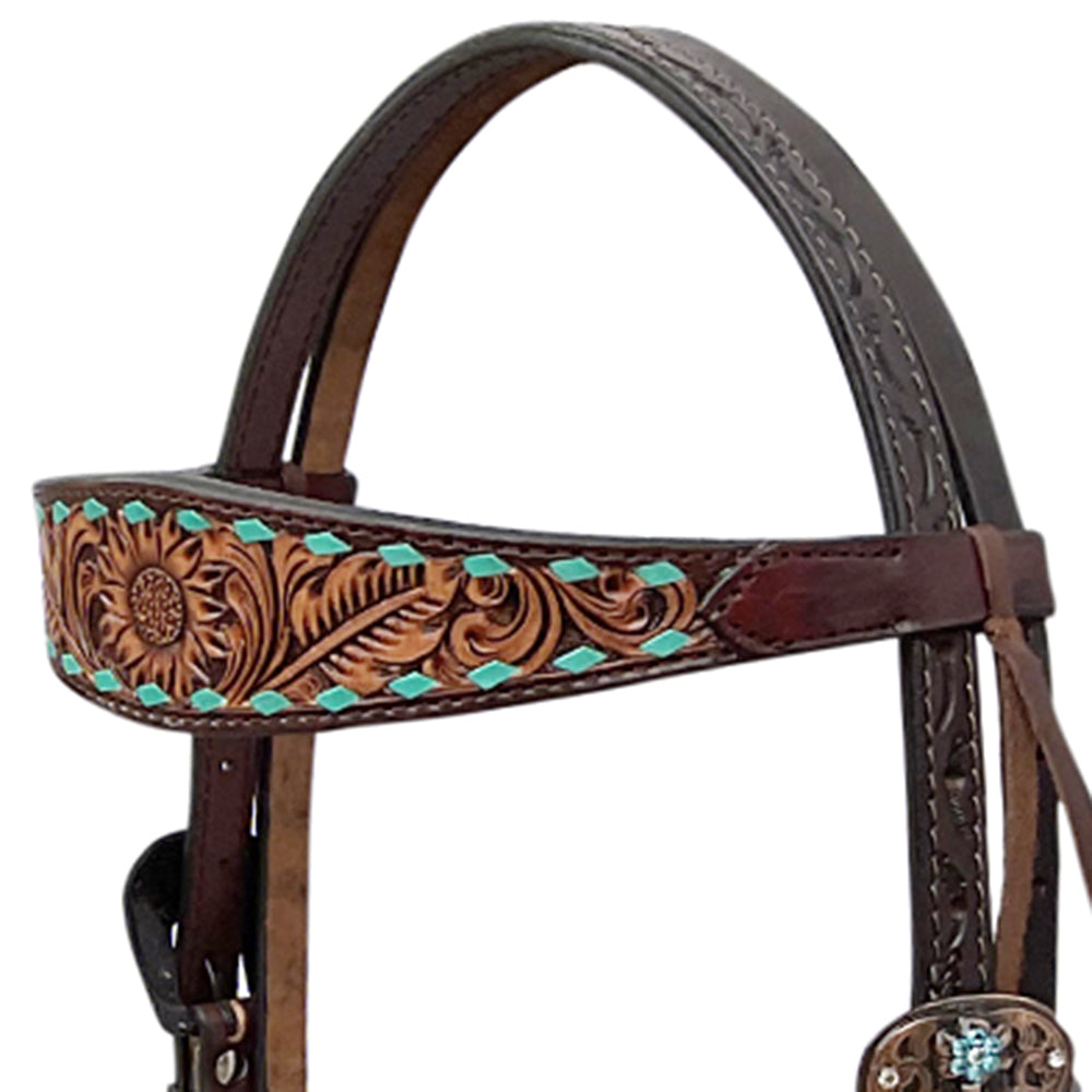 BAR H EQUINE Western Handtooled Leather Horse Headstall &amp; Breast Collar Set