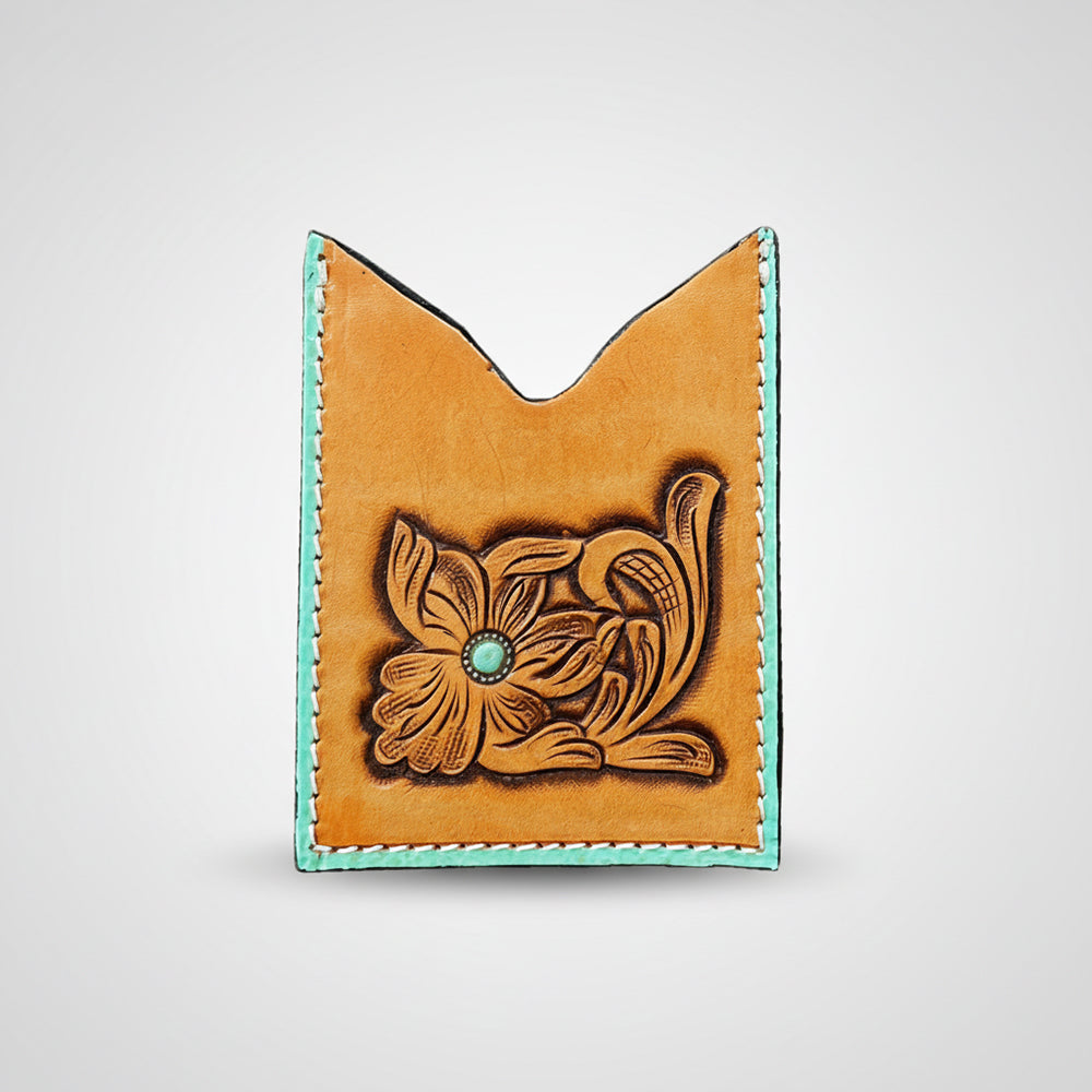 American Darling Floral Women &amp; Men Hand Carved Genuine Leather Card Holder Tan