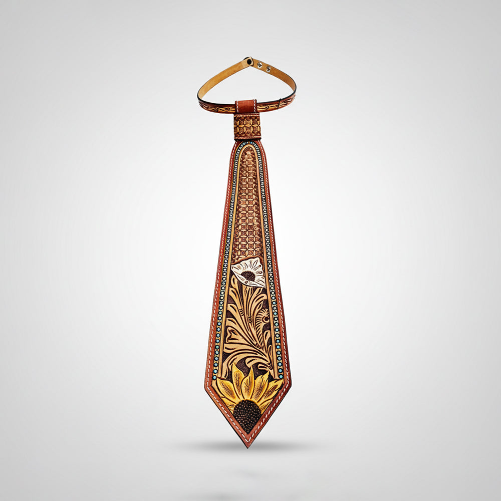 American Darling Hand Tooled Leather Neck Tie Western Sunflower &amp; Floral Carved Tan Cowhide Neckwear for Rodeo Formals