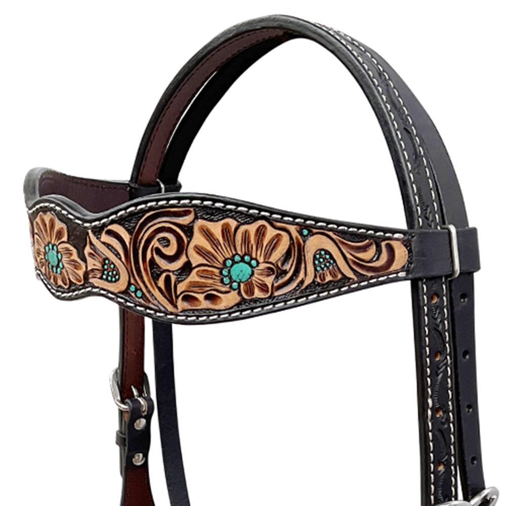 BAR H EQUINE Western Handtooled Leather Horse Headstall &amp; Breast Collar Set